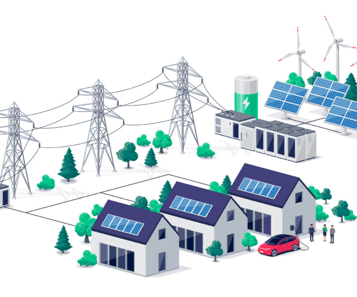 Renewable energy power distribution with family house residence buildings, solar panel plant station, wind and high voltage electricity grid pylons, electric transformer. Smart virtual battery storage