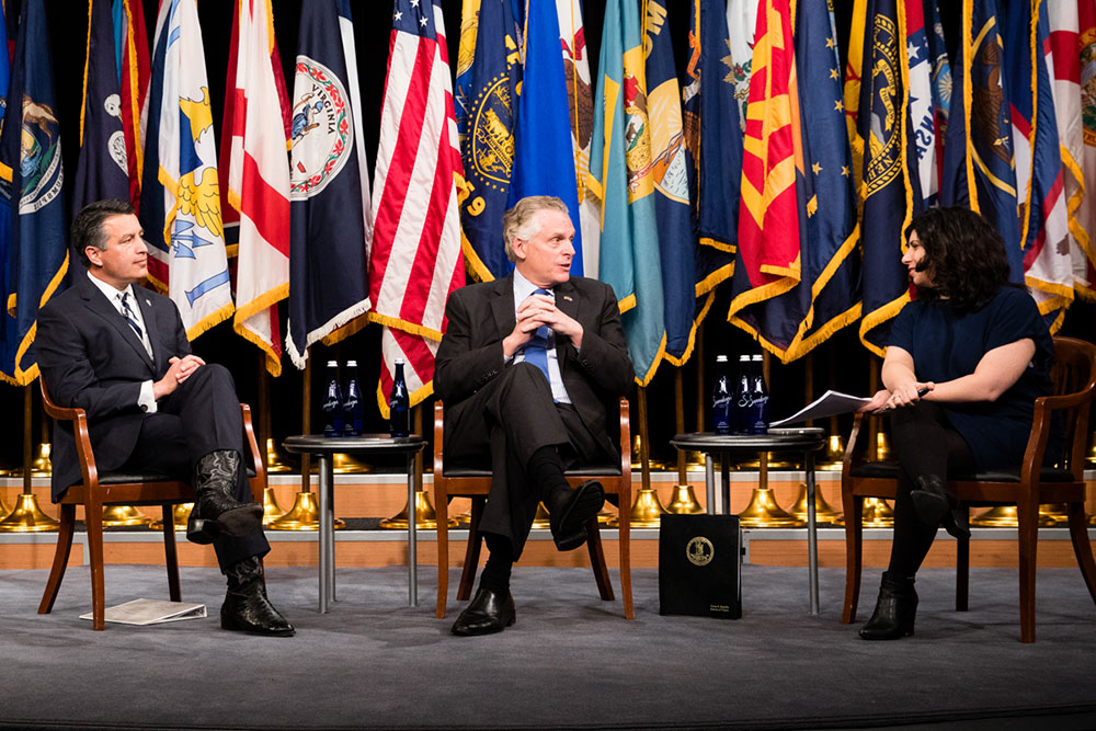 NGA Chair Virginia Governor Terry McAuliffe (center) answers a question from Politico Editor Carrie Budoff Brown NGA’s 5th annual State of the States address at the Newseum in Washington, D.C.