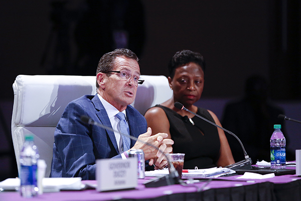 Connecticut Governor Dannel Malloy asks a question as the session comes to an end.