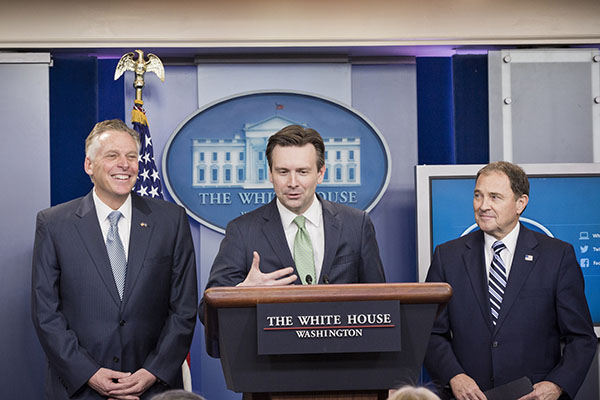 White House Press Secretary Josh Earnest opened the White House press briefing Monday, which featured Utah Governor Gary Herbert and Virginia Governor Terry McAuliffe.