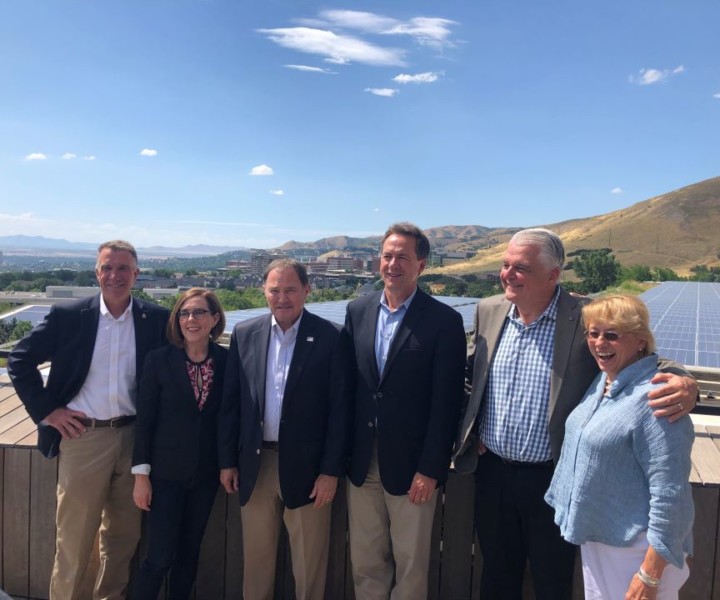 Governors Phil Scott of Vermont, Kate Brown of Oregon, Gary Herbert of Utah, Steve Bullock of Montana, Steve Sisolak of Nevada and Janet Mills of Maine at the launch event for the NGA Outdoor Recreation Learning Network in Salt Lake City, Utah. 