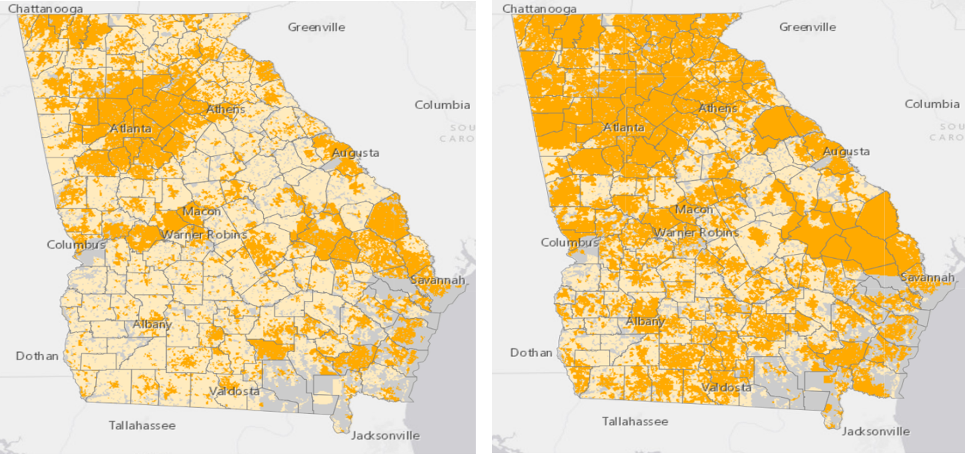 Georgia map on the left, FCC map on the right, “served” locations in the darker color and “unserved” locations in the lighter color.