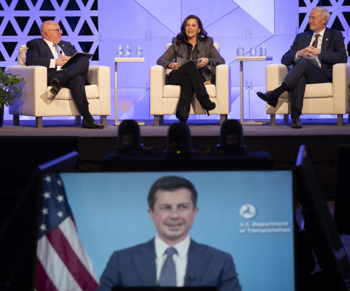 Governors Larry Hogan (left), Gretchen Whitmer (middle) and Asa Hutchinson (right) join Transportation Secretary Pete Buttigieg for a discussion on infrastructure at the National Governors Association Winter Meeting in Washington, D.C.