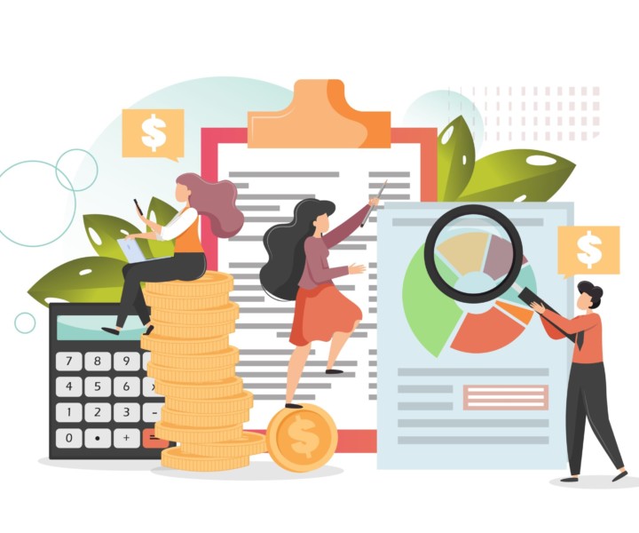 Company budget planning, financial accounting, audit concept vector flat illustration. Clipboard with financial budget plan, calculator, characters analysing diagram with magnifier, sitting on coins.