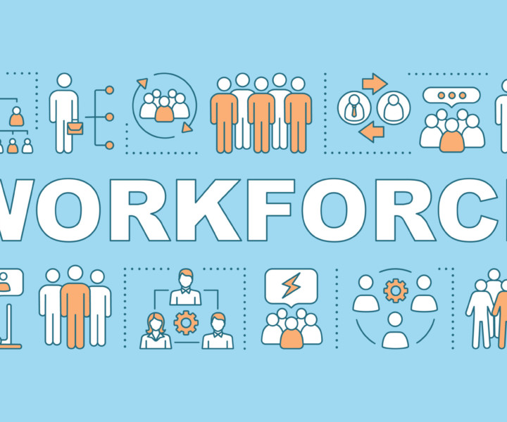 Workforce word concepts banner. Potential candidates. Recruiting, HRIS. Storing worker data. HR resource. Presentation, website. Isolated lettering typography idea, icons. Vector outline illustration