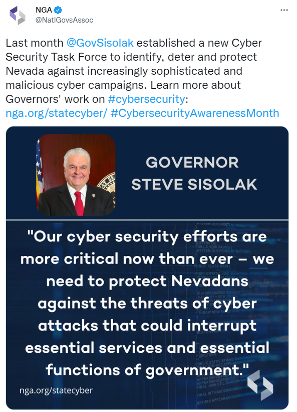 NGA tweet highlighting Nevada Governor Steve Sisolak speaking about cybersecurity.