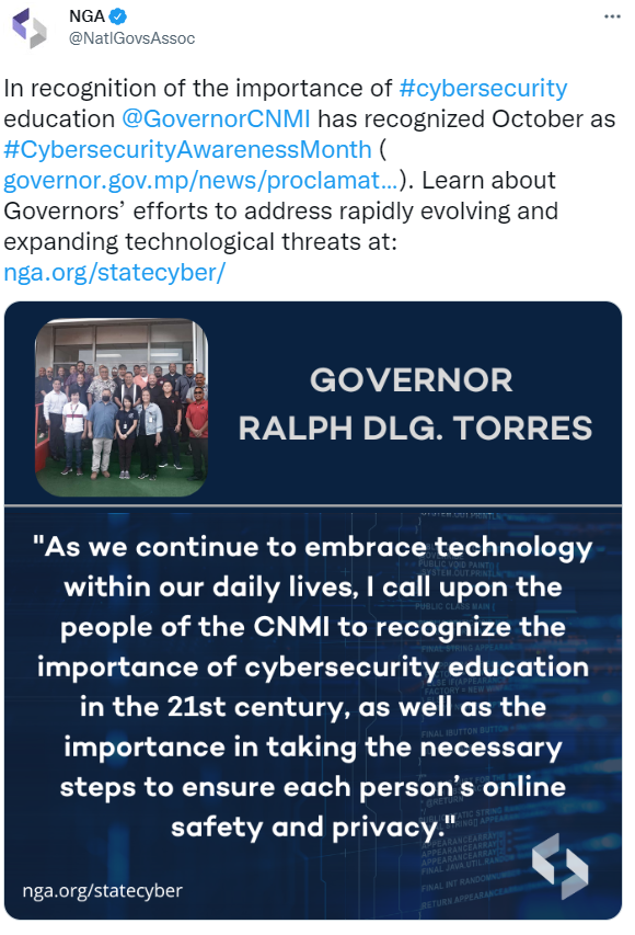 NGA tweet highlighting Northern Mariana Islands Governor Ralph DLG Torres speaking about cybersecurity.