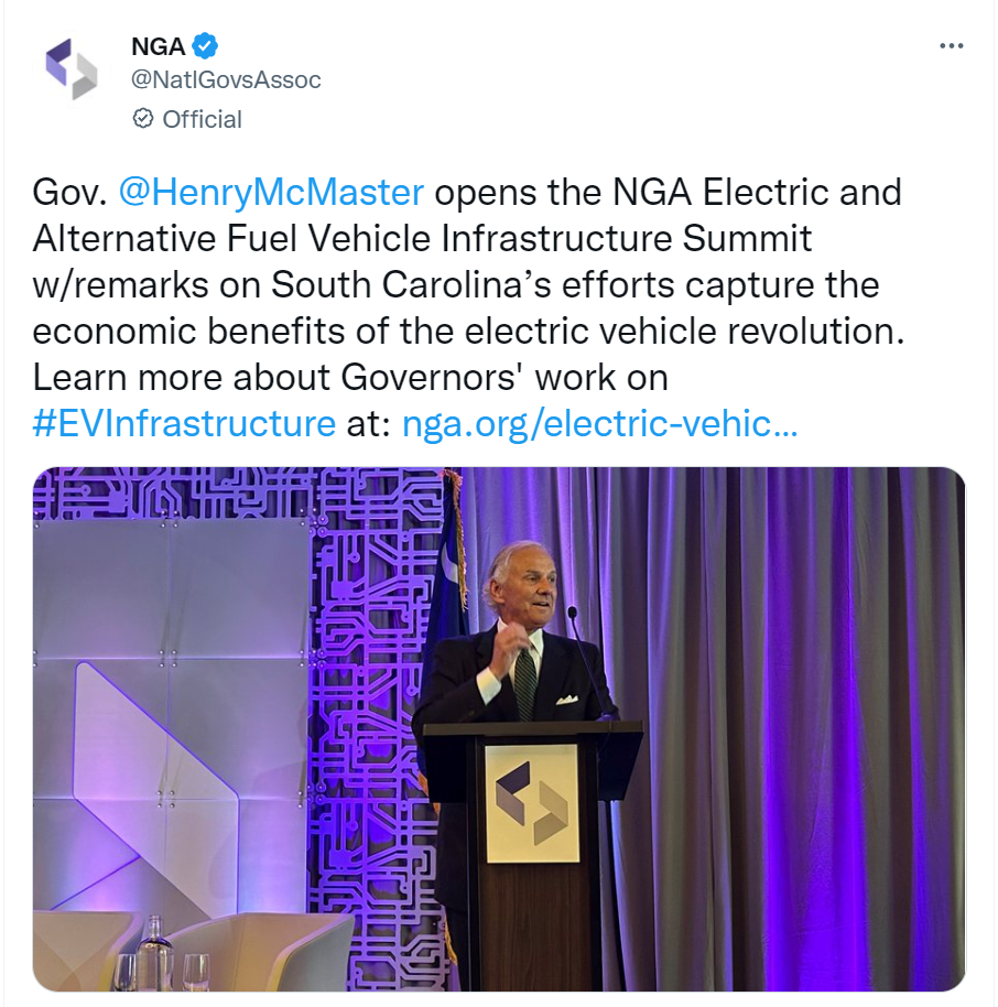 NGA tweet about South Carolina Governor Henry McMaster speaking at EV Summit.