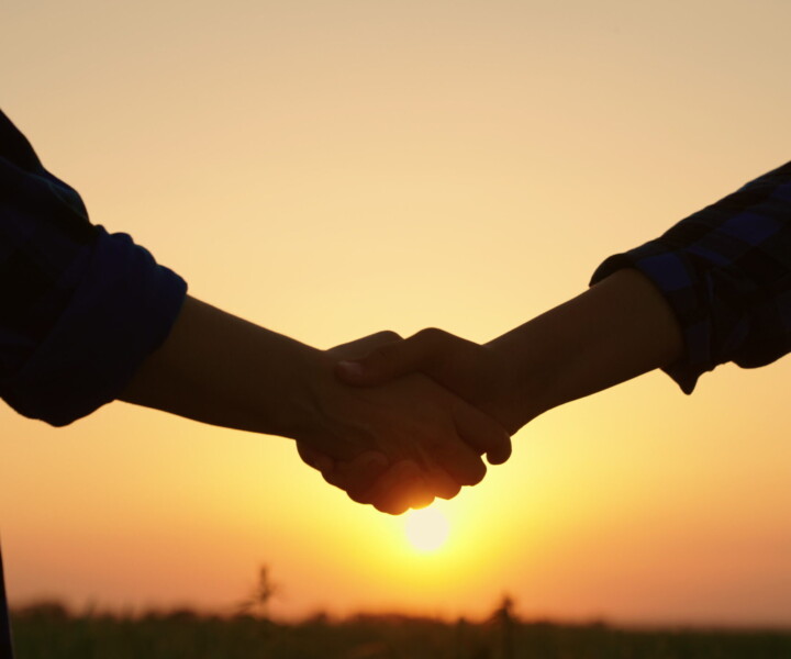 Business people shake hands with each other outdoors in field. Agriculture business, agricultural industry. Farmers men women greet each other with their hands, work together. Silhouette of farmers