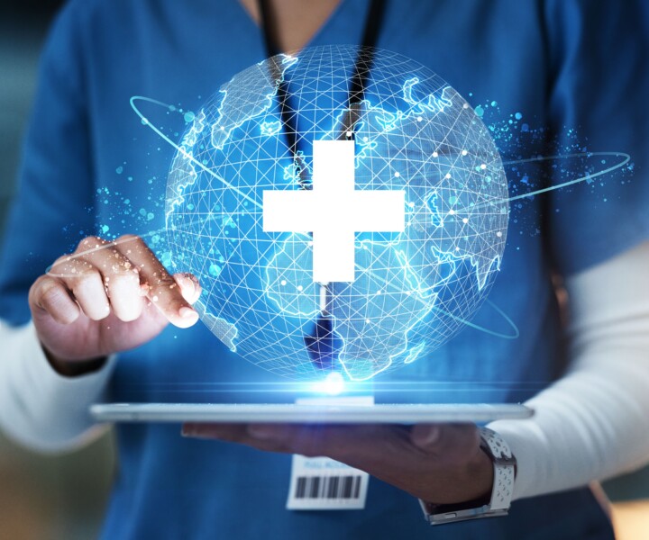 Nurse, hands or technology for 3d globe networking, healthcare community or digital help in life insurance support. Zoom, medical or futuristic world for global hospital, woman or doctor on tablet ux.