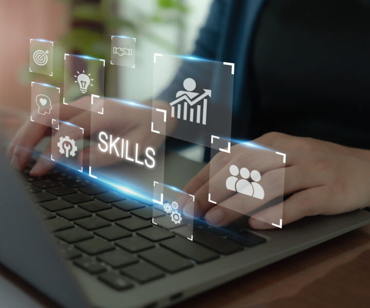 Skill development and training. Personal development. New skill, upskill and reskill concept. Digial and AI technologies are transforming. New occupations emerge, employee adaptation.